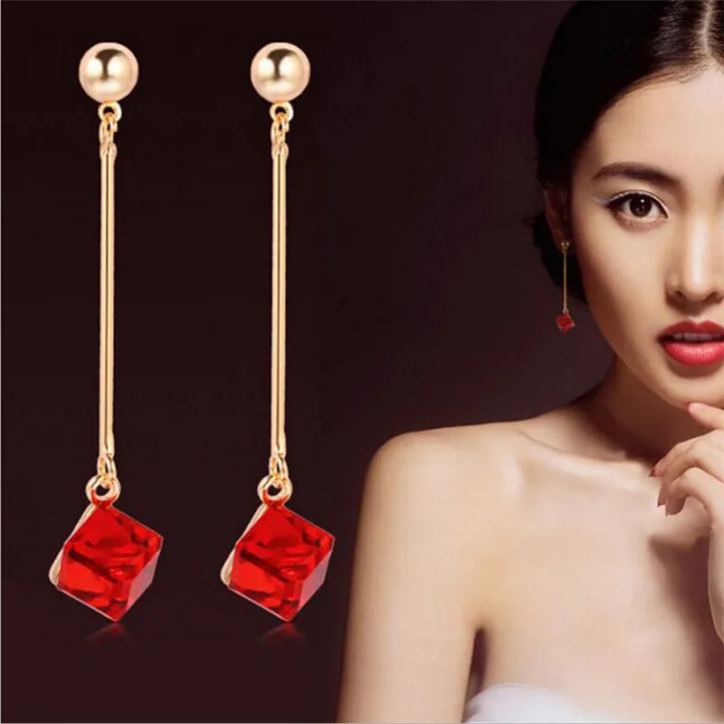 Hot Sale Long Earrings For Woman Jewelry Imitation Rhodium/ Gold Colorful Cube Crystal Earring 1Pair