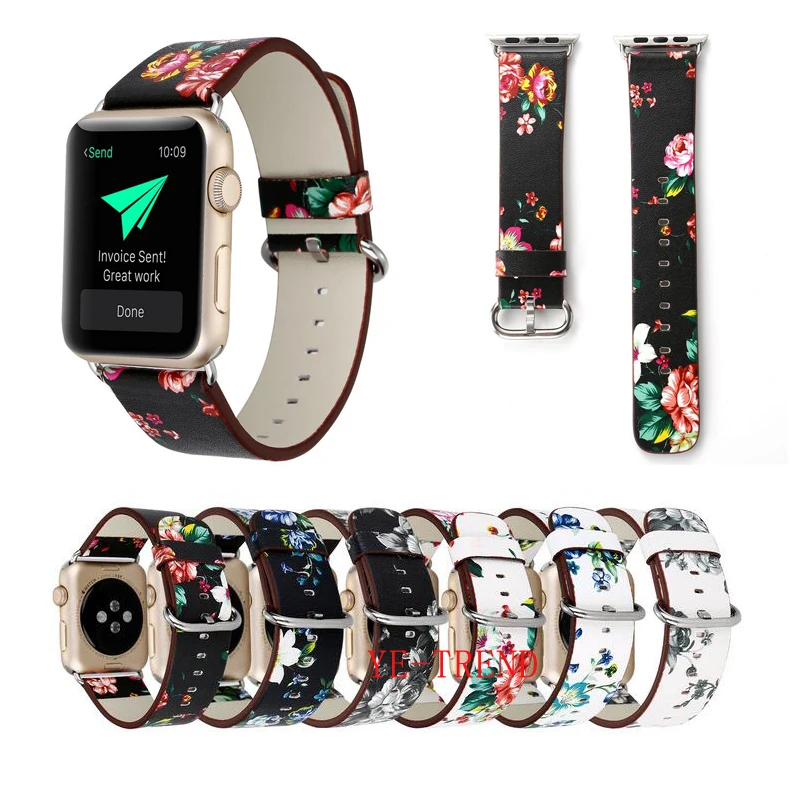 50 шт Национальный стиль с цветочным принтом кожаный ремешок для часов Apple Watch цветочный дизайн наручные часы браслет для iwatch 38 мм