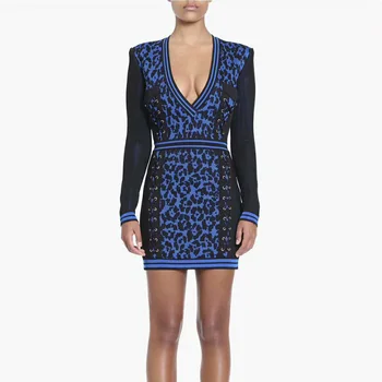 

Elegant Black Blue Bodycon Bandage Dress 2018 New Fashion Long Sleeve Sexy Deep V Neck Celebrity Evening Party Dresses Vestidos
