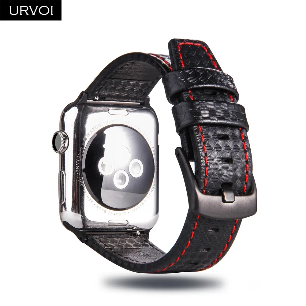 Ремешок URVOI для apple watch series 5 4 3 2 1 кожаный ремешок для iwatch 40 44 мм из нержавеющей стали с черной пряжкой из углеродного волокна