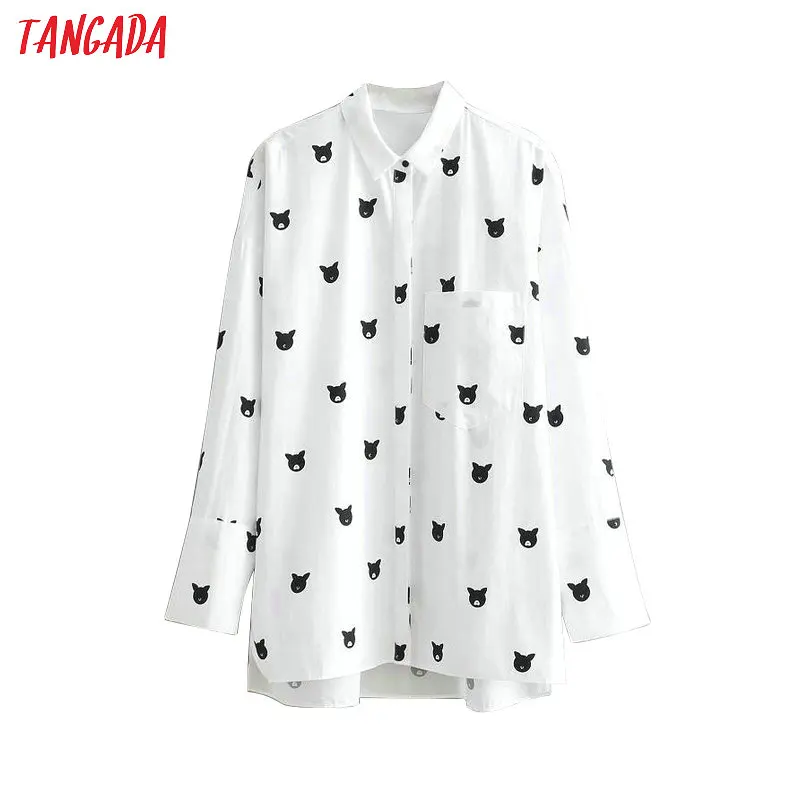 

Tangada women spring print white blouse long leeve turn down collar pockets shirt oversized tops fashion 2019 BE415