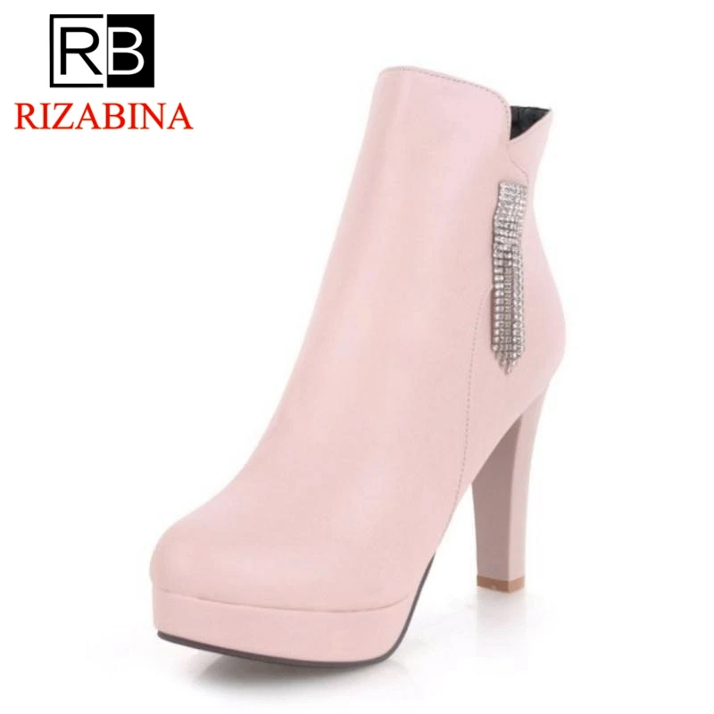 

RizaBina Size 34-43 Women Winter Boots Ankle High Heel Short Boots Warm Fur Woman Shoes Metal Ruffles Platform Footwear