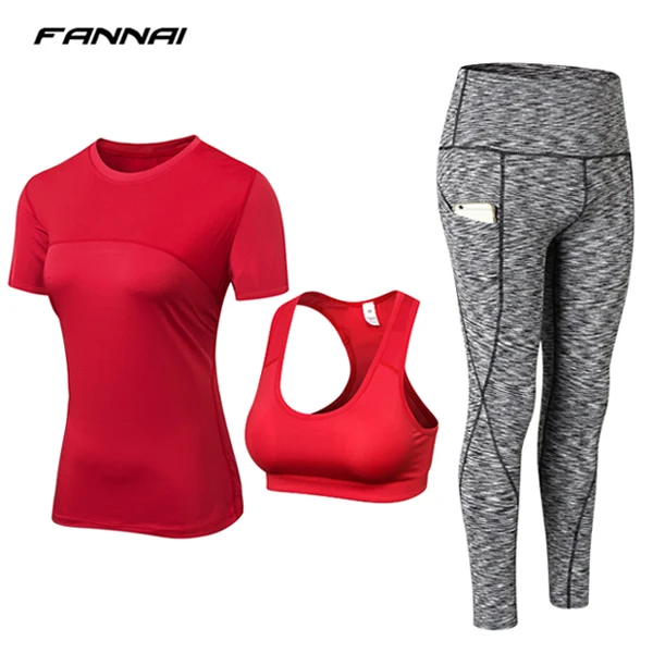 Комплект из 3 предметов, одежда для йоги, костюм, футболка+ бюстгальтер+ штаны, Спортивная быстросохнущая дышащая одежда для бега, фитнеса, спортивная одежда для женщин - Цвет: red-red-gray