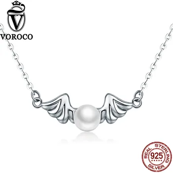 

VOROCO 925 Sterling Silver Angle Wing Round Natural Freshwater Pearl Pendant Necklace for Women Wedding Gift Fine Jewelry VSN021