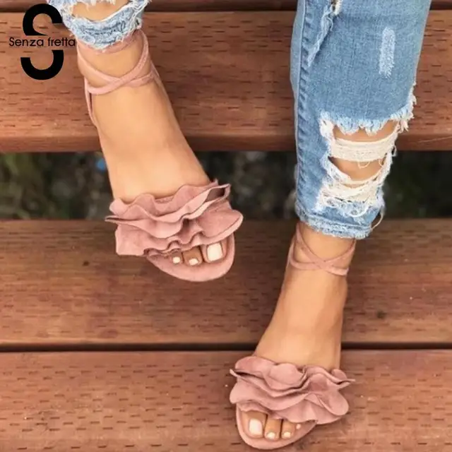 Senza Fretta 2018 Women Gladiator Sandals Lace Up Flat Heels Shoes Fashion Women Ankle Strap Summer Sandals zapatos mujer drop