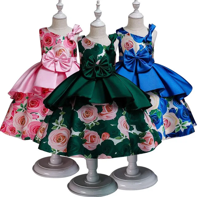 

Nacolleo Girl Dress Spring&Summer Children Clothing Short Sleeve Rose Flower Print Party Princess for Baby Girls Dress 3-8Y