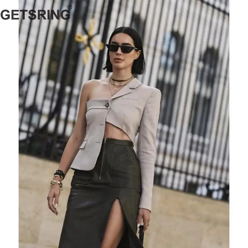 

GetSpring Womens Blazer Irregular Ladies Blazer Jacket Hollow Out Asymmetric Womens Jackets Chic Short Suit Coat Women Tops 2019