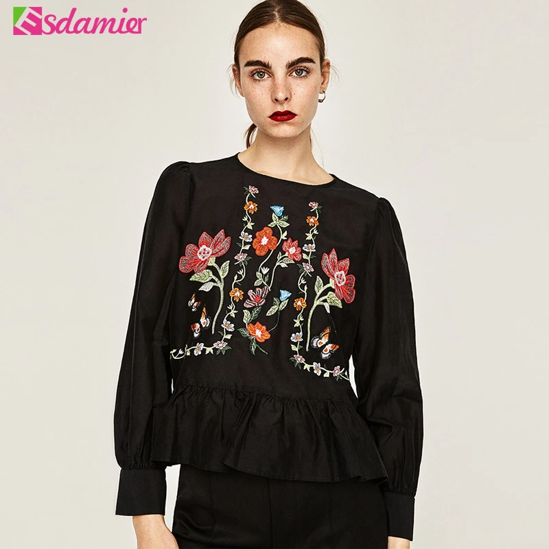 Black White Flower Embroidery Blouses And Shirts Fashion