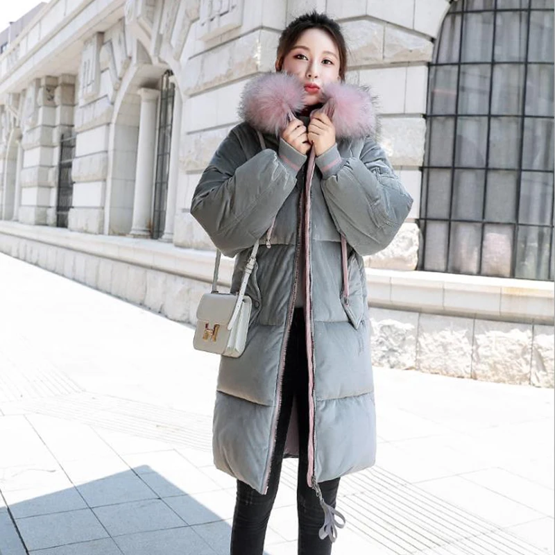 Gold Velvet Parka Bubble Coat Thick Warm Womens Coats Winter Fur Parka Puffer Jacket Fur Collar Lolita Doudoune Femme Hiver