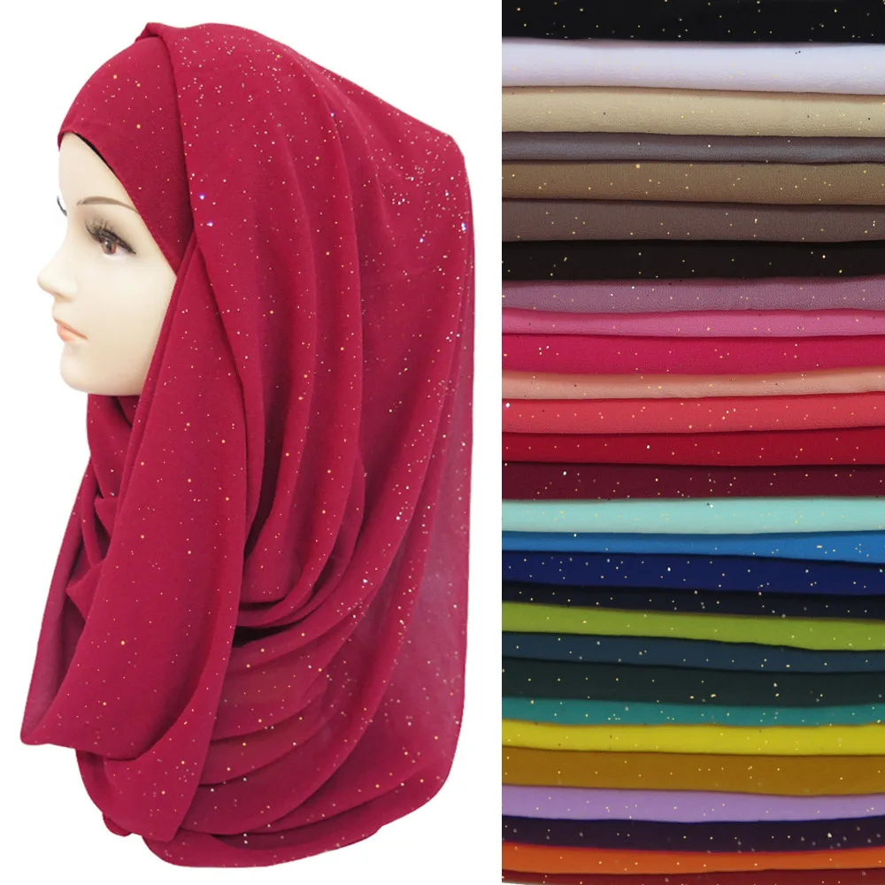 

Gold Glitters Shimmer Bubble Chiffon Muslim Hijab Scarf Shawl Head Wrap Plain Colours
