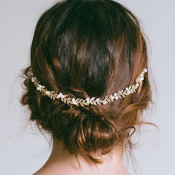 

DIEZI 2019 Hair Accessories Bridal Headband Gold Leaves Pearl Hairband Women Head Ornament Ladies Hair Jewelry For Wedding