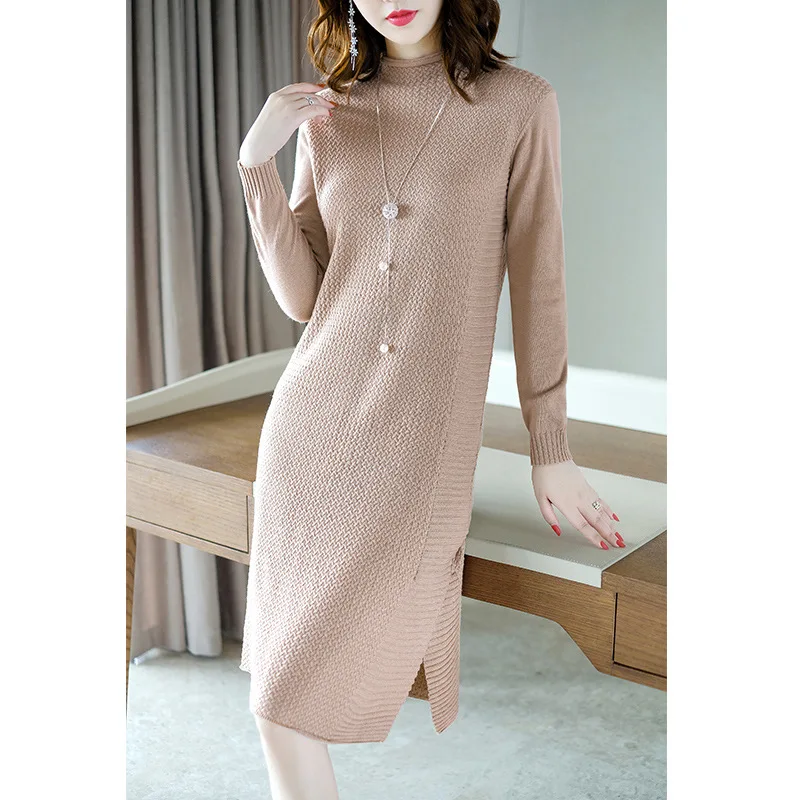 Femmes Laine Marque Mi Long Robe Les Roulé De Qualité Dame Pull Split Tricoté veau Haute Pour Col Casual Chaud Mode Onv0v5wq