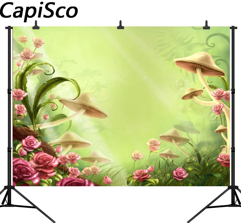 

Capisco Fairy Tale Forest Photography Backdrops Children Birthday Backgrounds Photo Studio Mushrooms Flowers Photo Background