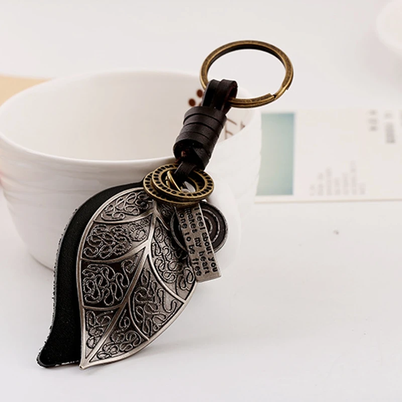 Retro Knitting Men's Leather Key ring Atmospheric alloy Big leaves