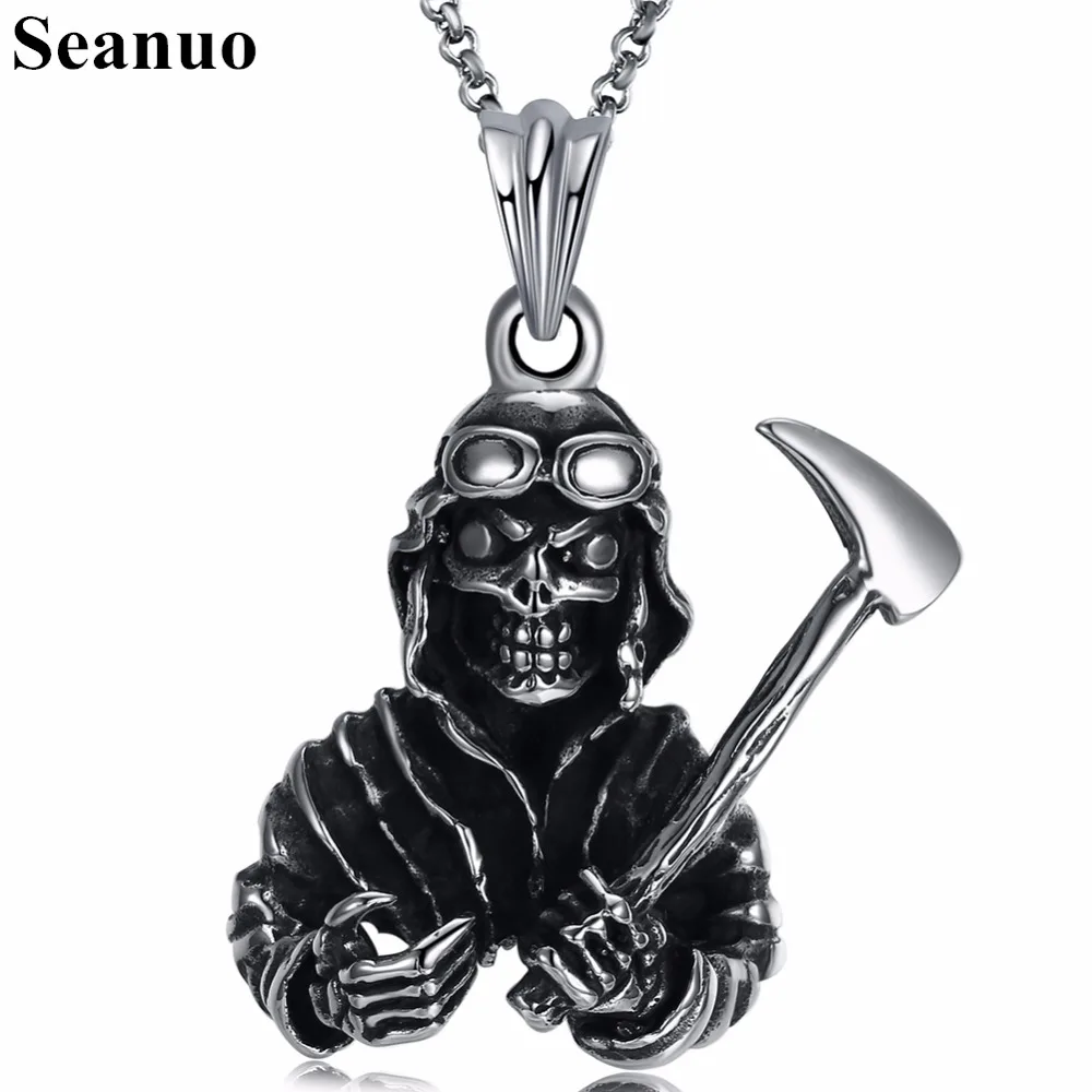 Seanuo The Walking dead Skull Pendant Necklace With Hammer For Men Vintage Punk Black Titanium