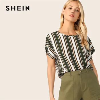 

SHEIN Keyhole Back Colorblock Striped Summer Blouse Womens Tops and Blouses Casual Batwing Sleeve Round Neck Ladies Tops