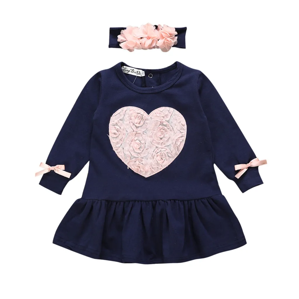 Милые весенне-осенние платья принцессы для маленьких девочек с длинными рукавами и цветочным принтом в виде сердца с повязкой на голову; одежда для малышей; Vestido bebe - Цвет: Navy