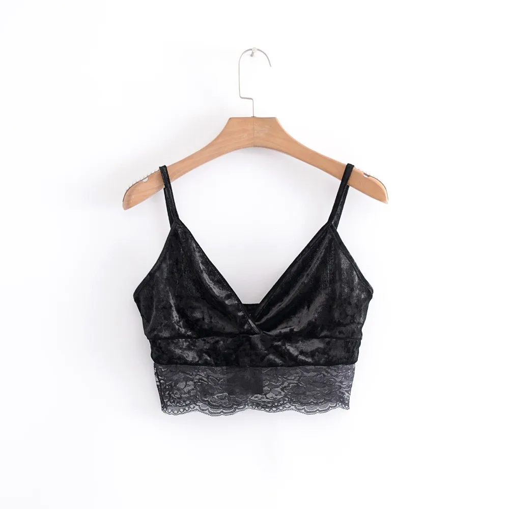Women Black Velvet Lace Splicing Sexy Tank tops Female Crop Top