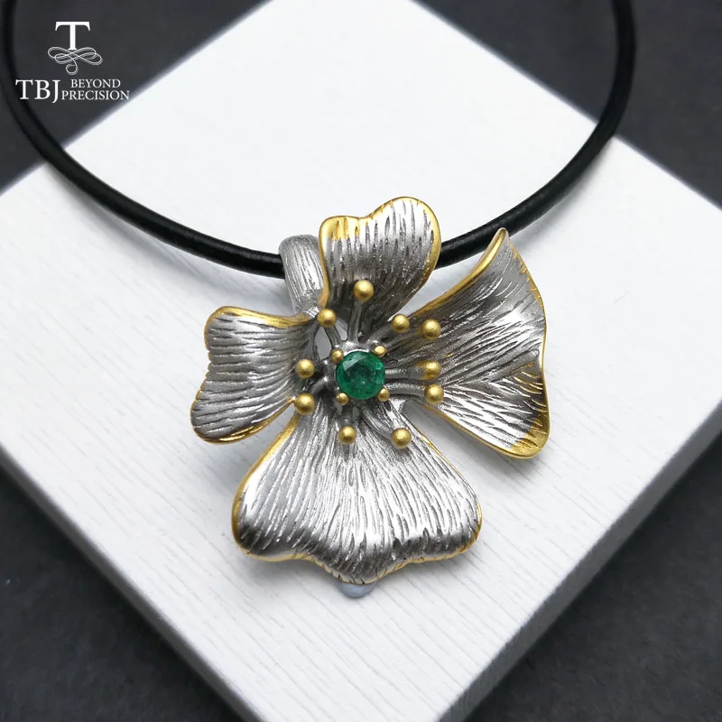 

TBJ,Unique luxury flower pendant with natural Zambia emerald 925 sterling silver gemstone jewelry anniversary wedding party gift