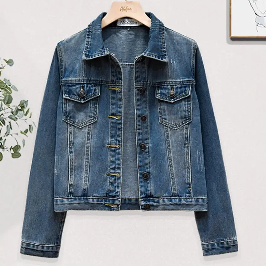 Для женщин; Большие размеры 4XL укороченные джинсы куртка отбеливать Длинные рукава один груди Тонкий Для женщин джинсовая куртка