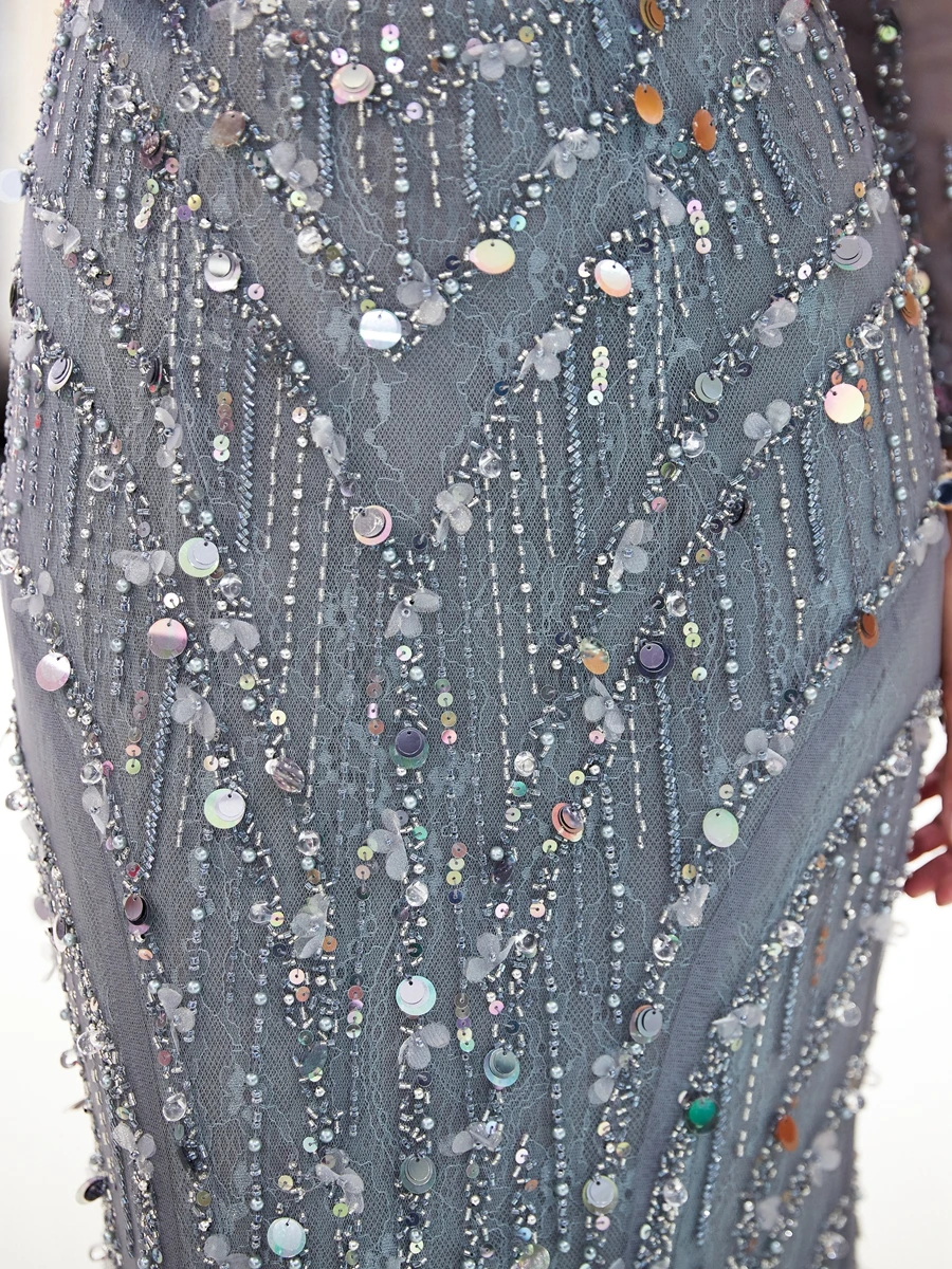 Walk Beside You Gray Long Evening Dresses Mermaid Long Sleeves Beaded Sequined Bling Shiny Prom Gowns Vestidos Formales Para