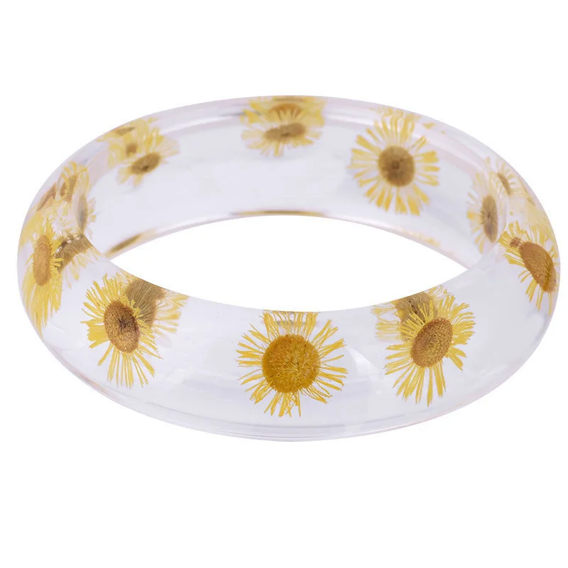 

MOONROCY Trendy Bangle Yellow Pink Dried Flower Epoxy Resin Drop Bracelet for Women Girls Children Creative Jewelry Dropshipping