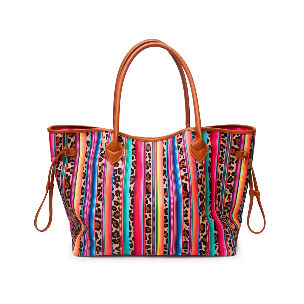 10 шт. Serape Cheetah Tote с отделкой шнуром, холщовая леопардовая полосатая дизайнерская женская сумка с полиуретановой ручкой DOM1091068