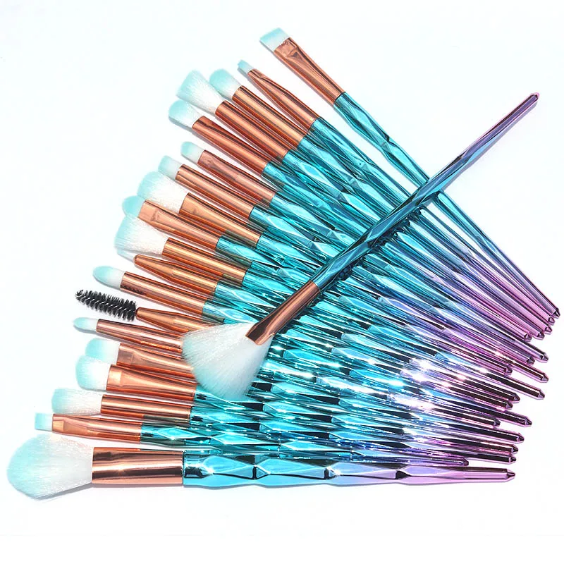 AiceBeu 20pcs Алмазная Кисть для макияжа для контура красоты синтетические волосы гладкое основание веера тени для век Кисть для подводки для глаз - Handle Color: Pink and Blue