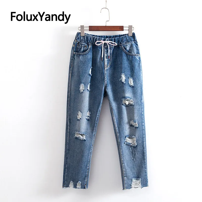 Шнурок джинсы для женщин для отверстие мотобрюки плюс размеры XXXL 4XL повседневное свободные брюки карандаш рваные джинсы Синий KKFY3469