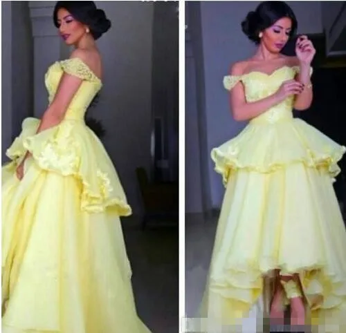 New-Fashion-Prom-Dress-2017-Vestidos-de-Baile-Off-Shoulder-Appliques-High-Low-Yellow-Evening-Party