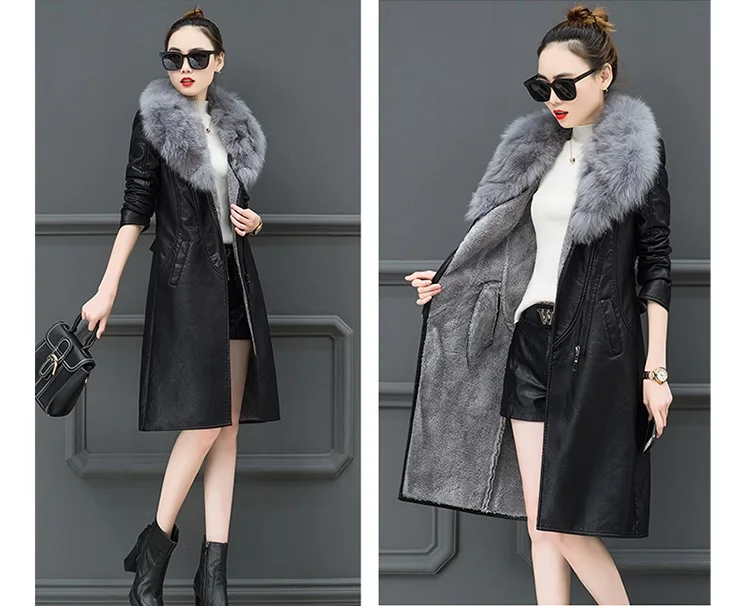UHYTGF Высококачественная женская куртка из искусственной кожи с большим меховым воротником, бархатная теплая зимняя кожаная куртка, тонкая длинная верхняя одежда, M-4XL1118