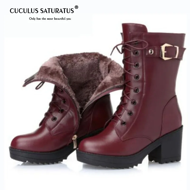

Cuculus High-heeled genuine leather women winter boots, thick wool warm women Martin boots, high-quality female snow boots 1784