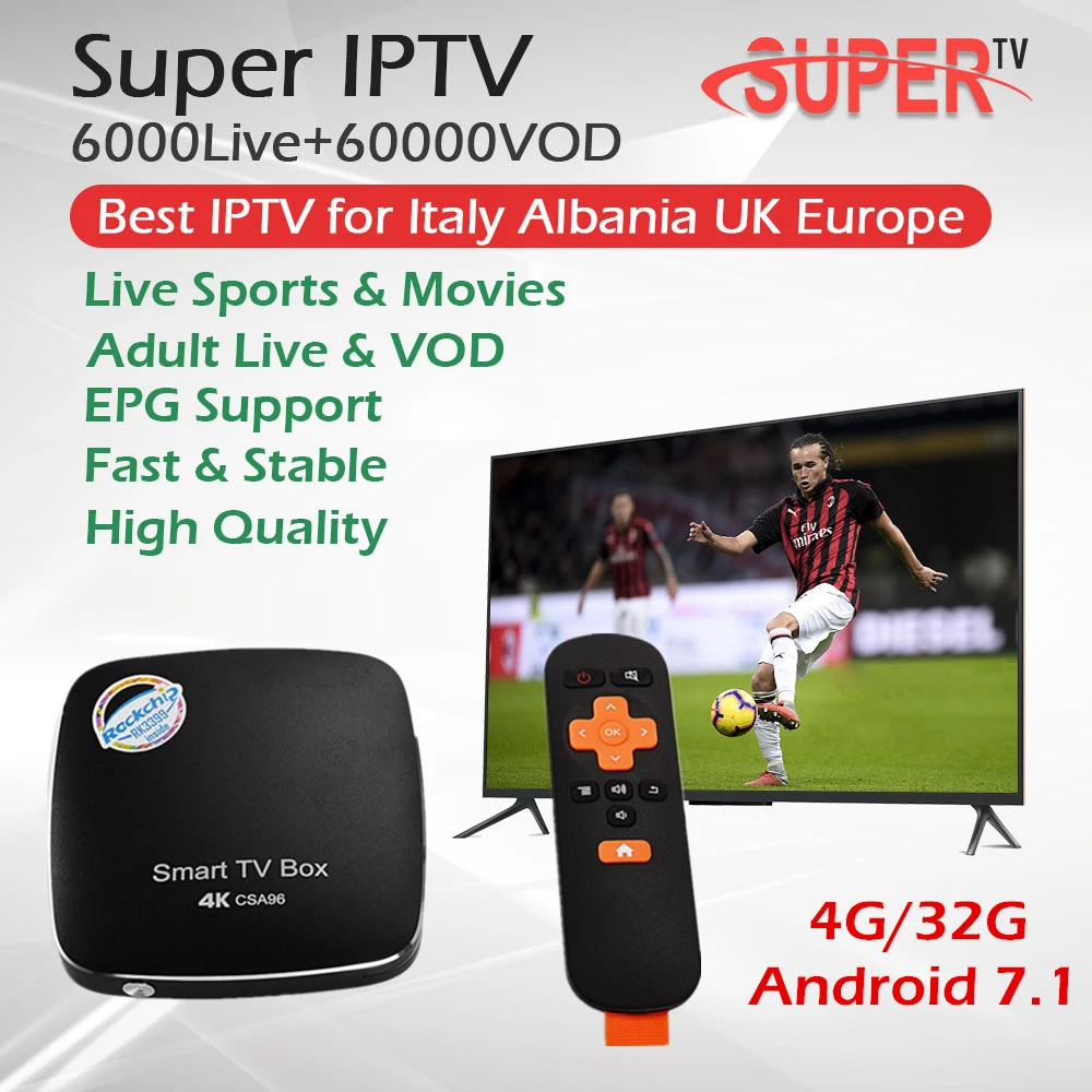 

CSA96 4G/32G Android Smart TV Box+1 Year Italy Mediaset DAZN Adult Europe IPTV Subscription 6000Live+60K VOD Hotclub XXX Sports