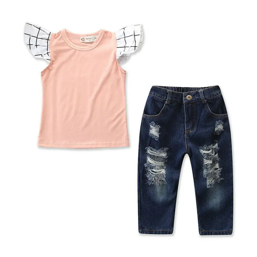 

IMCUTE New Style Children Clothes 2Pcs Pink T-Shirt Top Ripped Jeans Pants Kids Girls Outfit