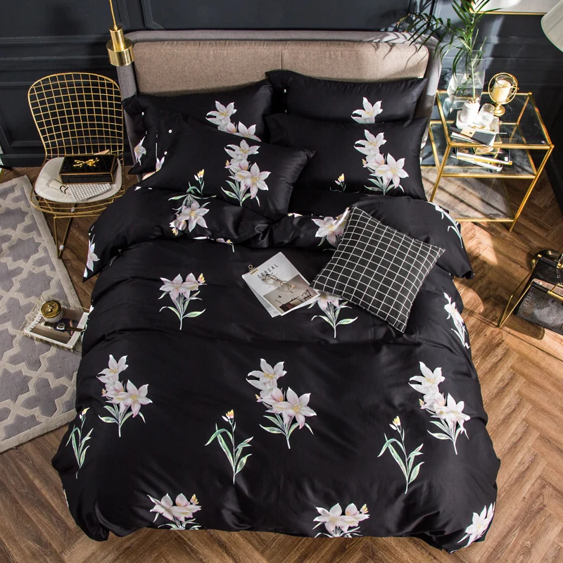 

2018 White Flowers Black Bedding Set 4Pcs Queen King Size Egyptian Cotton Fabric Duvet Cover Flat Sheet Pillow Cases