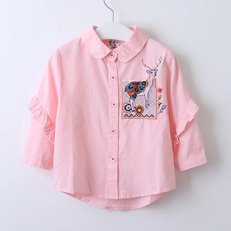 

Girls Shirts 2019 Spring New Children's Wear Girls Fresh Deer Flowers Embroidered Long-Sleeved Wooden Ear Collar Lapel Shirt