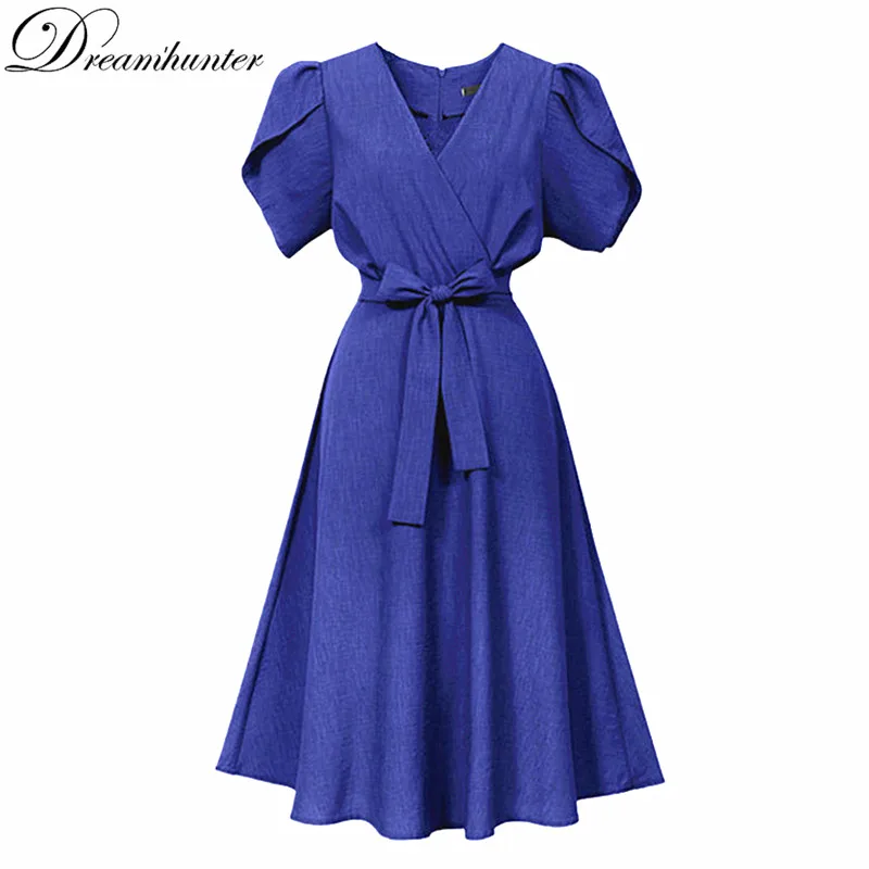 

S-5XL Summer Dress Women Short Sleeve Long Vestidos Midi Dress Casual Solid Pleated Party Dress Maxi Puff V-neck Boho Plus Size