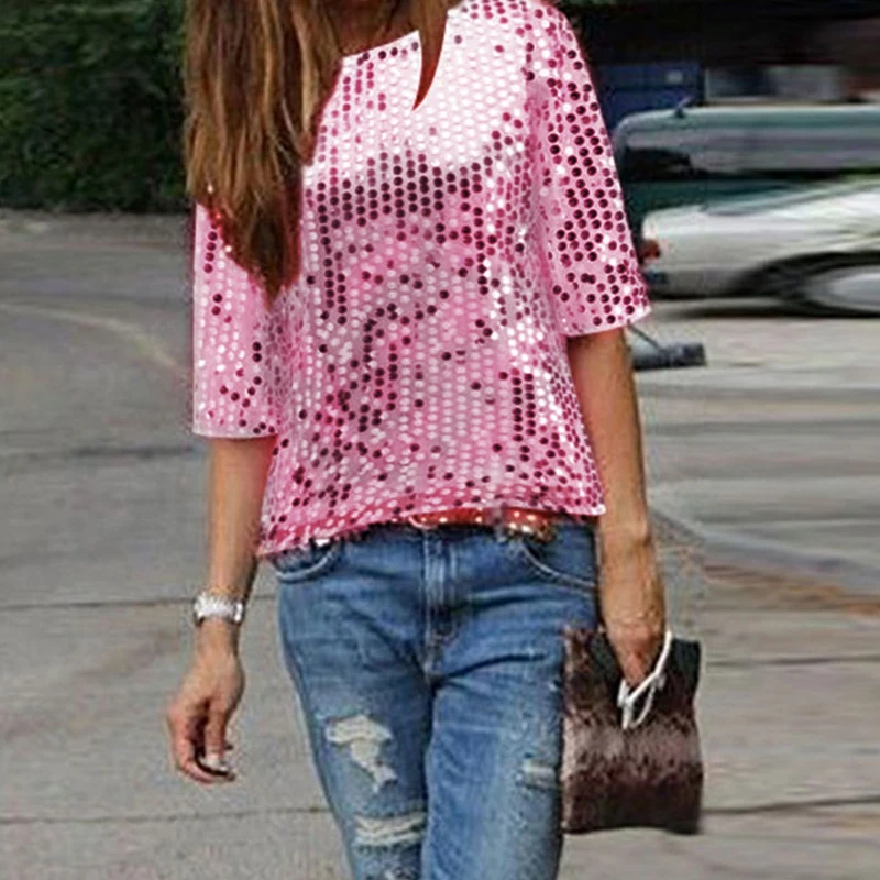 Acheter 3XL Grande Taille Pailletée Bling Brillant Chemisier Femmes Mode À Manches Courtes D été Lâche Tops Or Argent Paillettes Dames Chemise Tee
