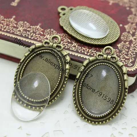 

6set/lot antique bronzer bowknot cameo cabochon 27*39mm(Fit 18*25mm Diy) base setting pendant tray+clear glass cabochons