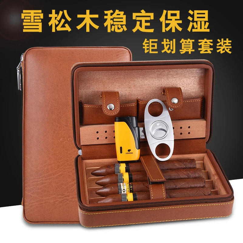 

COHIBA Luxury Leather Travel Cigar Case Cedar Wood Lined Cigar Humidor with Torch Jet Flame Lighter Metal Cigar Cutter Set