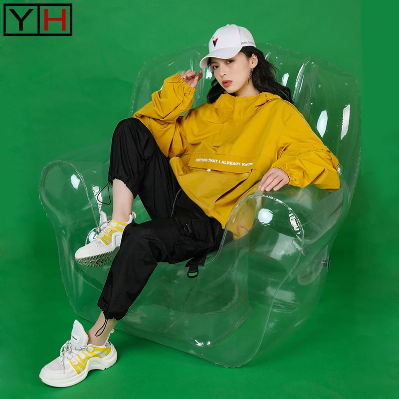 

Hot sale Hip hop female fashion loose 2pieces sets yellow coat black pants hooded playful brand street tracksuits