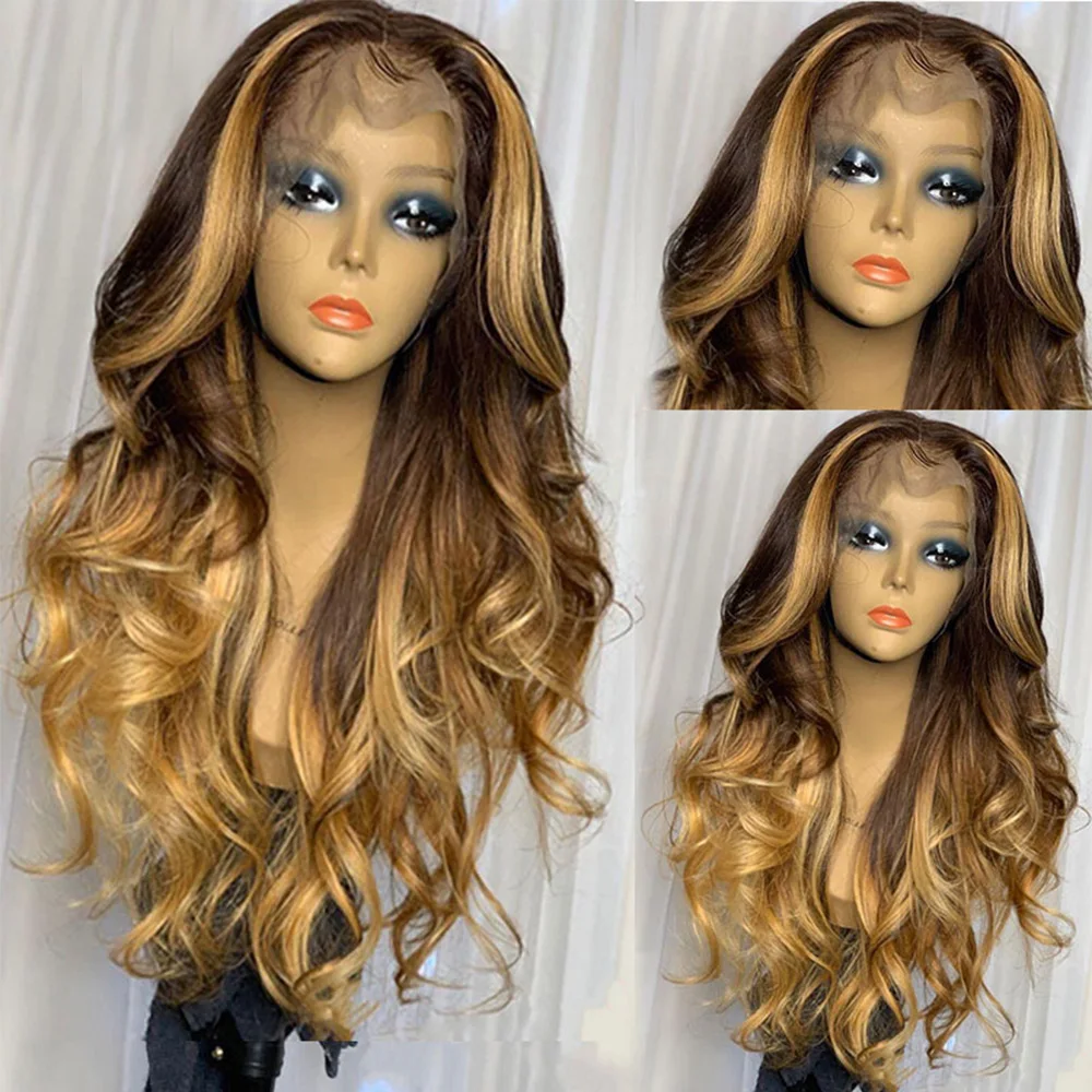 SimBeauty Full Lace Wigs Brazilian Remy Human Hair Wigs Pre Plucked For Women Highlights Blonde Color Natural Wavy Ombre Wig