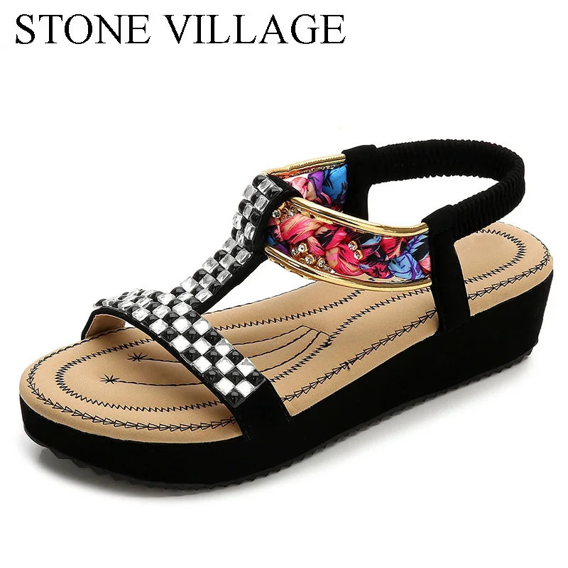 

STONE VILLAGE Women Shoes Summer Platform Wedges Beach Shoes Ladies Soft Leather Elastic Band Comfortable Sandals Women Black
