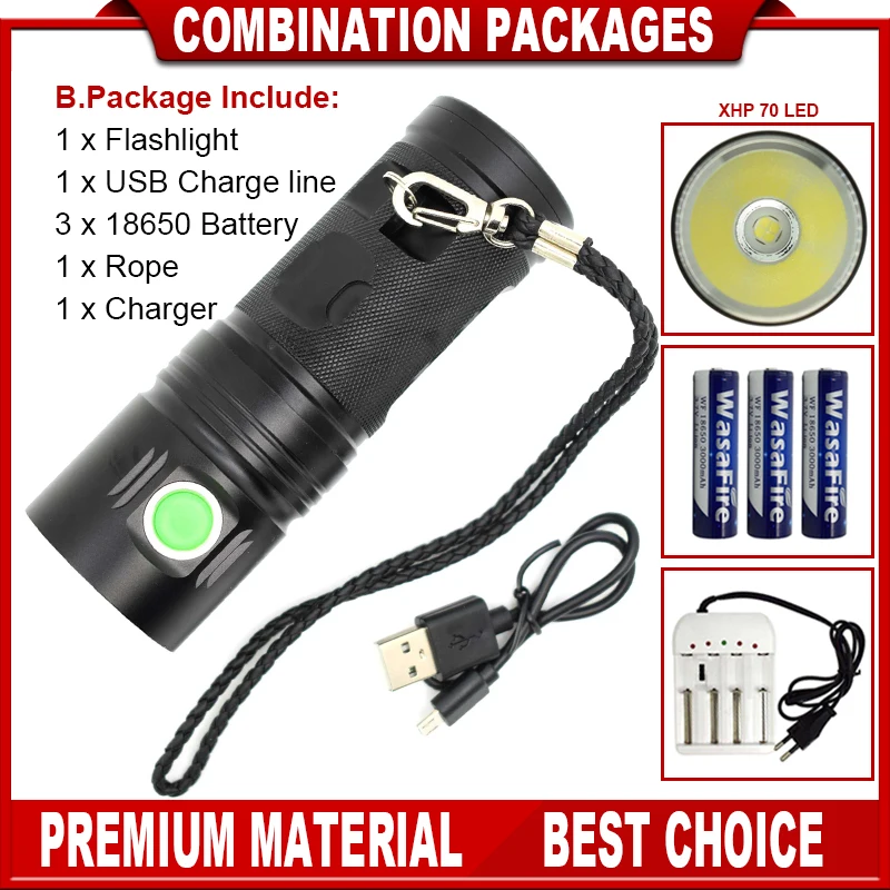 

WasaFire Powerful LED XHP70 USB Flashlight Rechargeable Led Torch Lamp Aluminum 3500Lm 18650 3Modes Outdoor Lighting Flash Light