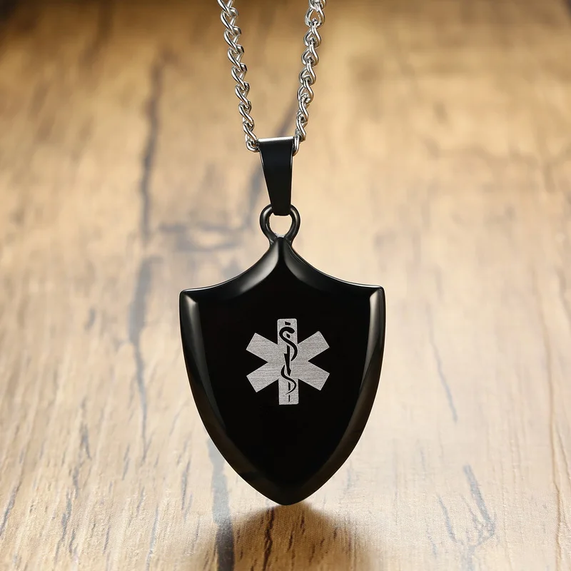 

Black Medical School Shield Pendant Necklace for Men Stainless Steel Shields of Strength Male Jewelry 24 inch