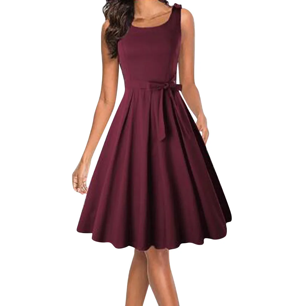 

Women Summer Solid Sleeveless Holiday Party Dress With Belt