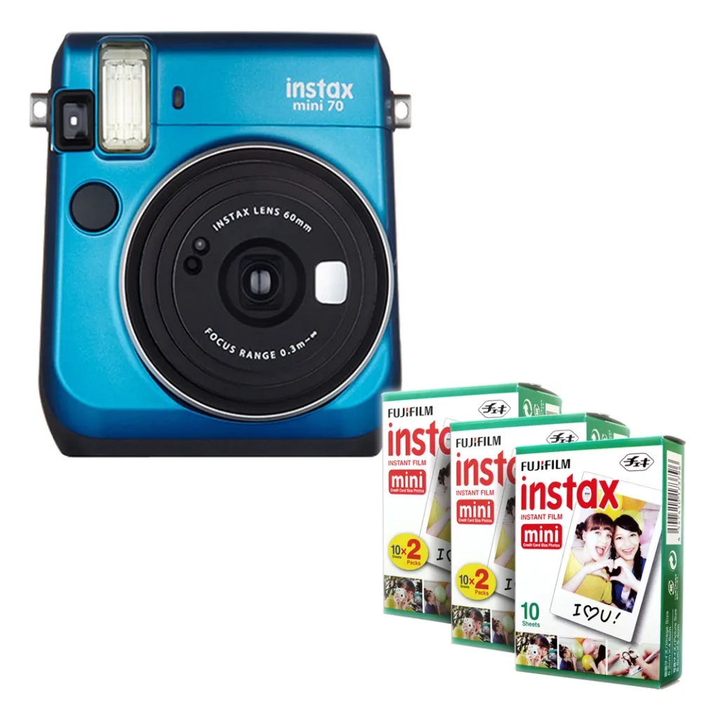 Fujifilm Instax Mini 70 Instant Film Camera Blue with stylish shoulder strap + Fuji 50 Instant