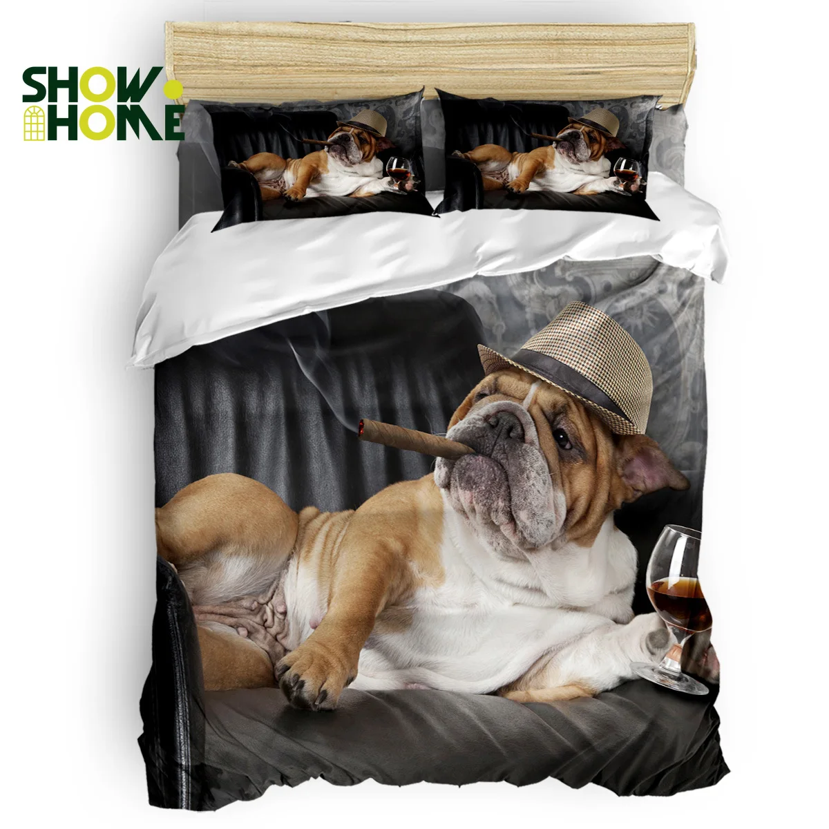 

SHOWHOME Duvet Cover Set Smoking Bulldog Duvet Cover 4 Piece Bedding Set