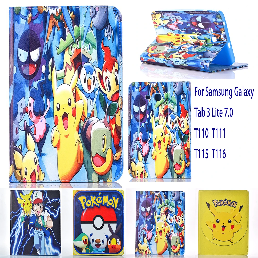 Case For Samsung Galaxy Tab 3 Lite 7.0 T110 T111 T115 case Pokemon Go cute Pikachu tablet Cover Flip stand shell coque para | Компьютеры и