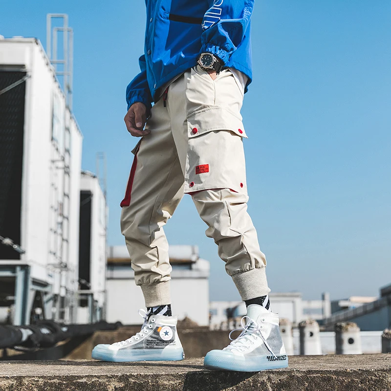 Casual Men Cargo Pants Cotton Polyester Drawstring Pockets Hip Hop Creamy-White Black Men Full Length Fashion Joggers Trouser